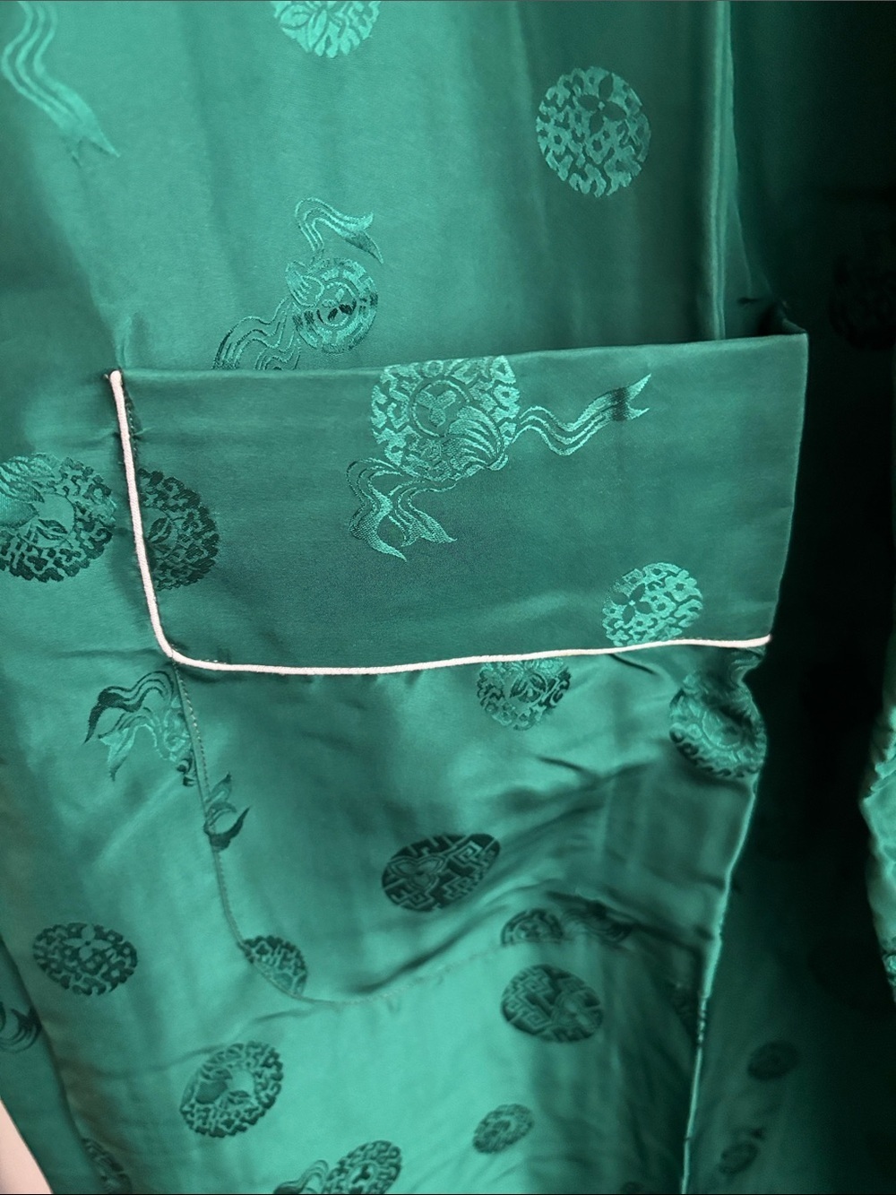 HEALTH Sz L 100% Silk Emerald Green Fabric Jacquard Motif Patch Pockets NEW - Picture 6 of 9